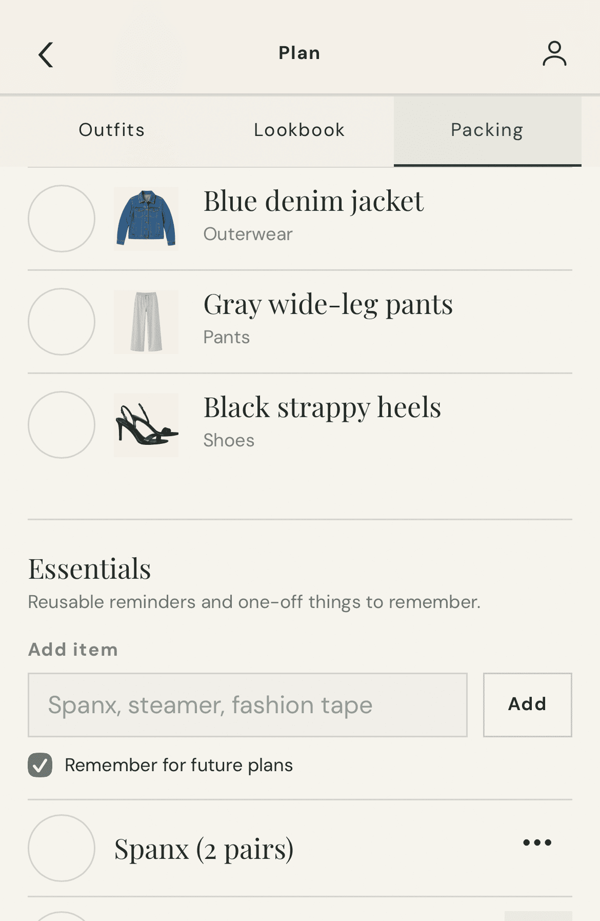 A Be Well Packed plan showing clothing photos and the packing checklist